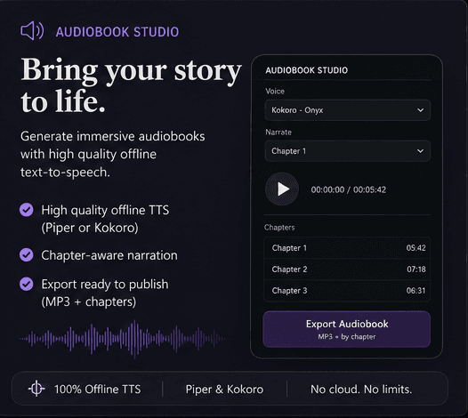 PetroInk Audiobook Studio with offline voice selection, chapter preview, and export