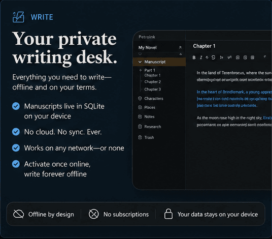 PetroInk long-form writing workspace with binder, corkboard, editor, and live preview
