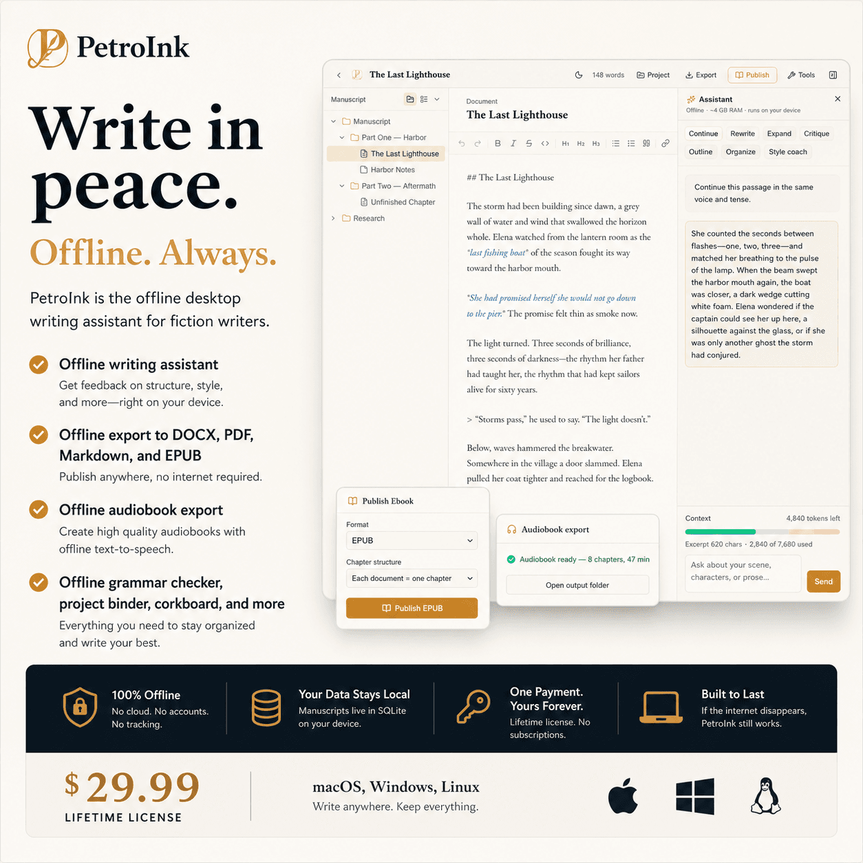 PetroInk desktop app with manuscript editor, live preview, and offline writing assistant panel