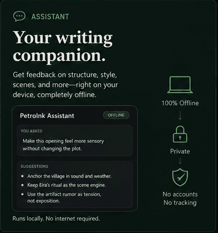 PetroInk offline writing assistant reviewing a manuscript on-device